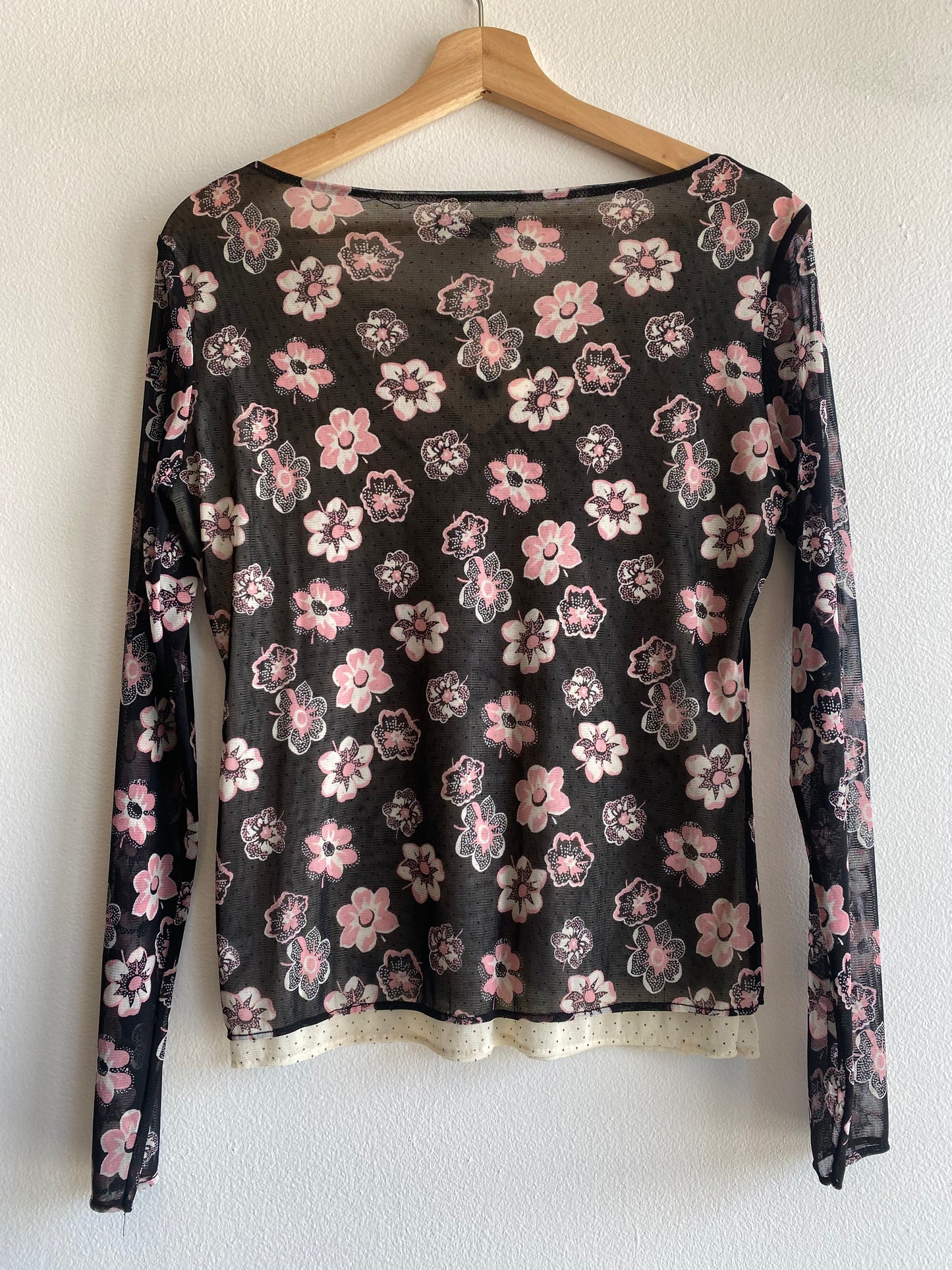 Vintage Y2K New York & Company Black and Pink Floral Mesh Top
