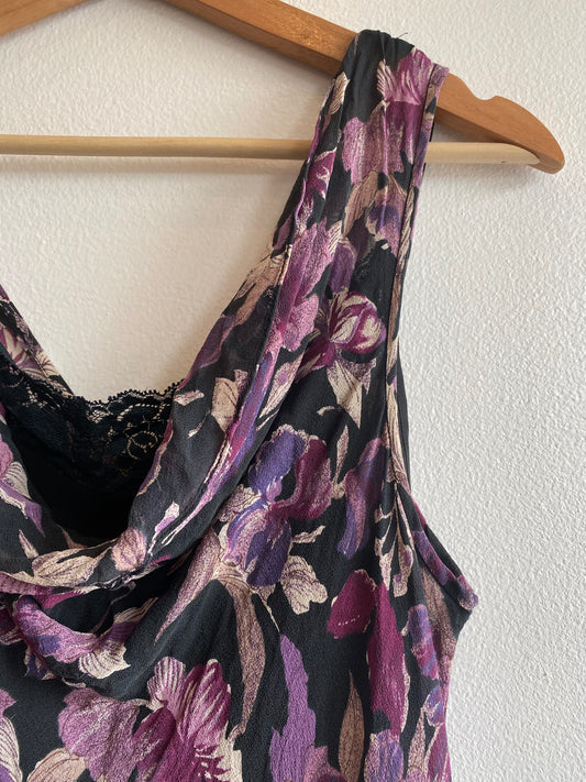 Vintage 90's Papéll Boutique Black and Purple Floral Silk Maxi Dress - La Lovely Vintage