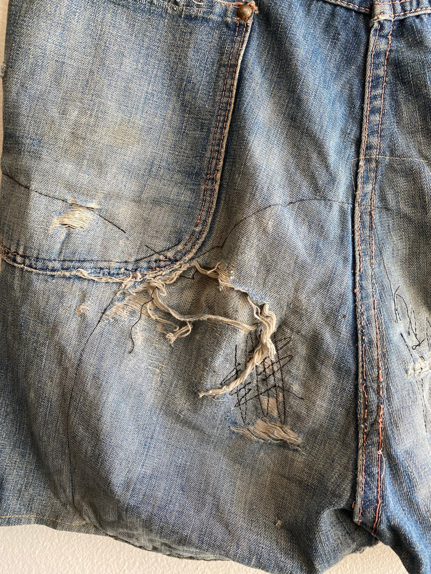 Vintage 1940’s Donut Button Farm Repair Denim Shorts