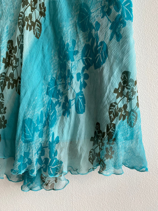 Vintage Y2K Teal Floral Silk Midi Skirt