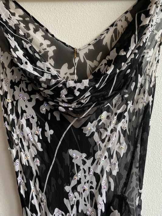 Vintage 90's black and white floral silk beaded maxi dress