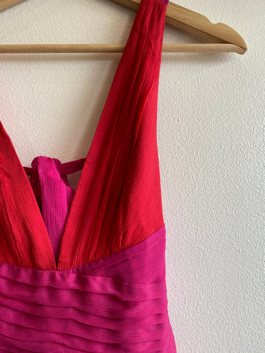 Vintage Y2K Red and Pink Color Block Silk Maxi Dress