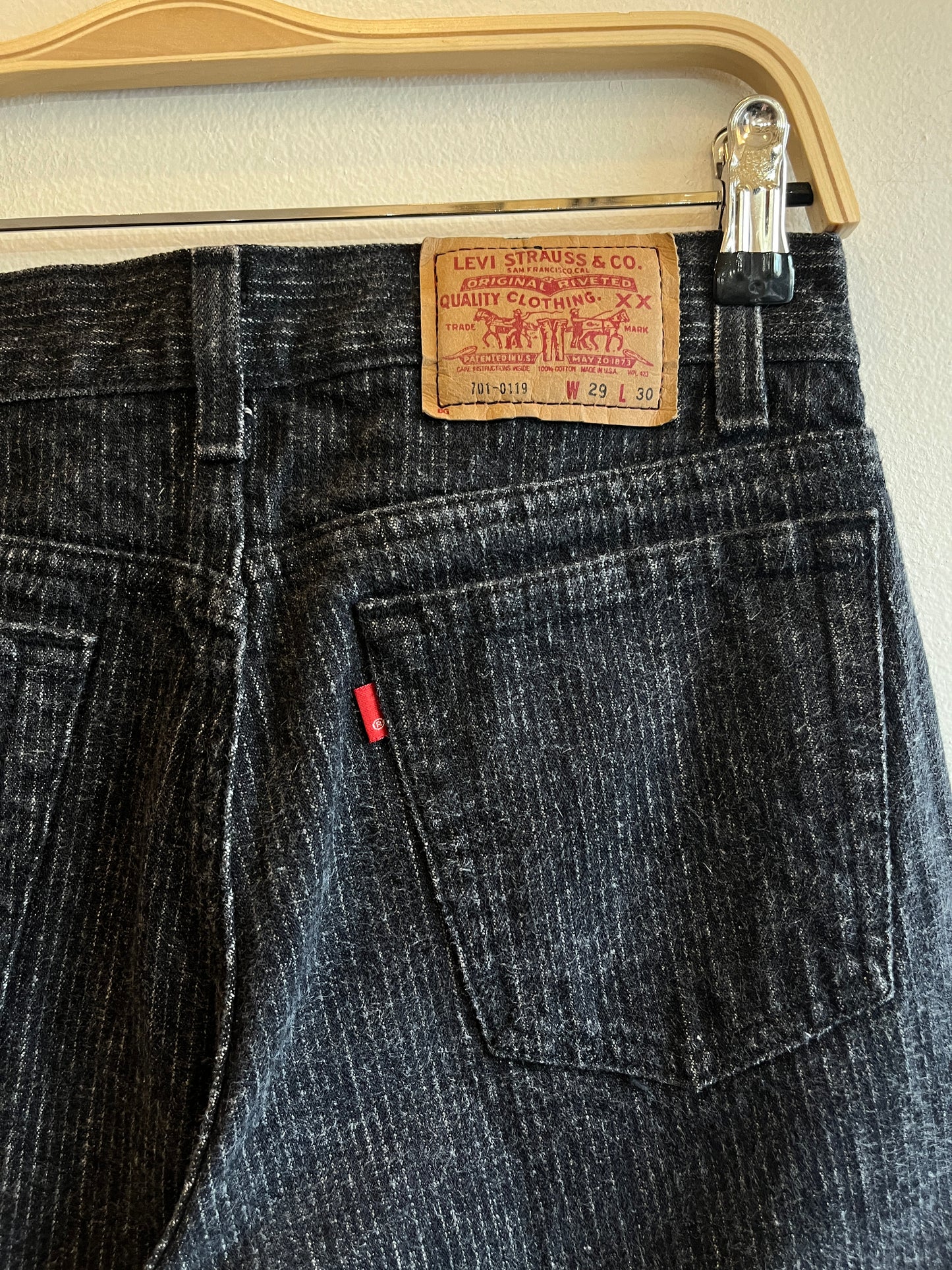 Vintage 1980's Levi’s 701 Black Pinstripe Denim Jeans