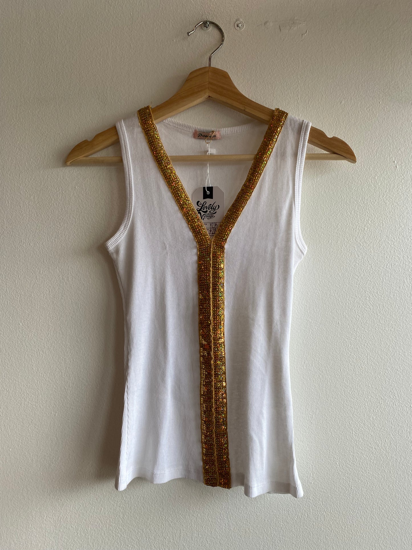 Vintage Y2K white and gold sequin tank top - La Lovely Vintage