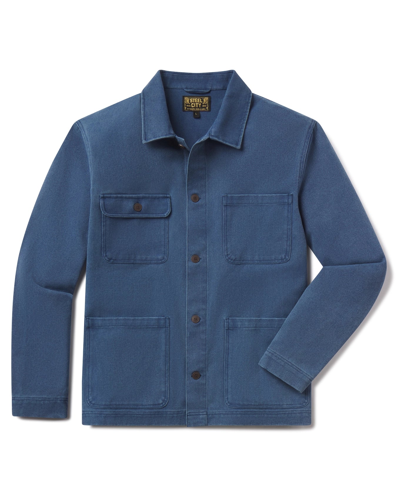 Blue jacket with multiple pockets on a white background