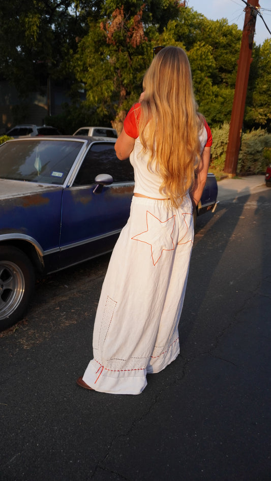 Handmade Vintage Tablecloth White Wide Leg Pants with Red Embroidery