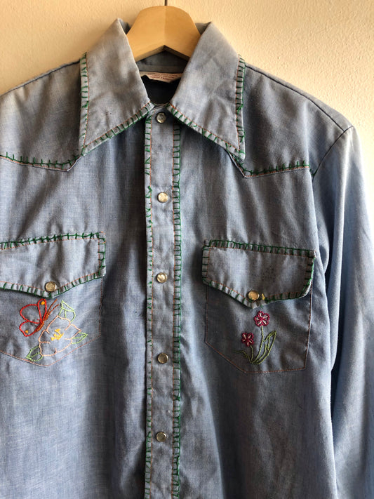 Vintage 1970’s Embroidered Chambray Button-Up Shirt