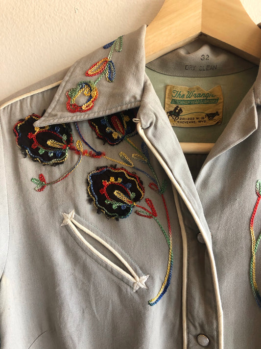 Vintage 1940/1950’s “The Wrangler” Gabardine Embroidered Western Shirt - La Lovely Vintage