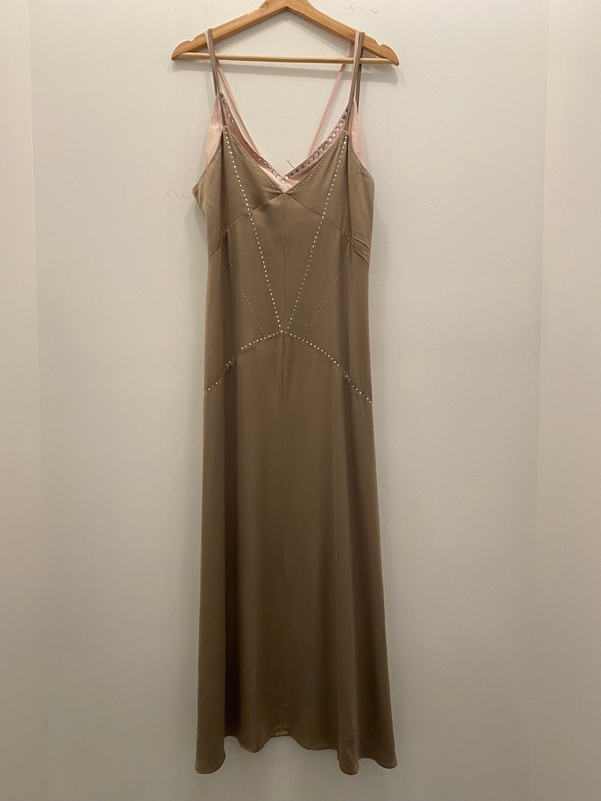 Vintage Y2K Khaki Green and Pink Silk Rhinestone Maxi Dress