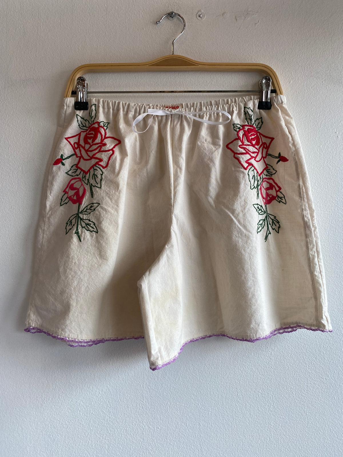 Handmade Vintage Tablecloth Embroidered Roses White Drawstring Shorts
