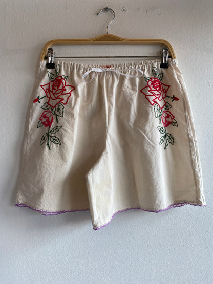 Handmade Vintage Tablecloth Embroidered Roses White Drawstring Shorts