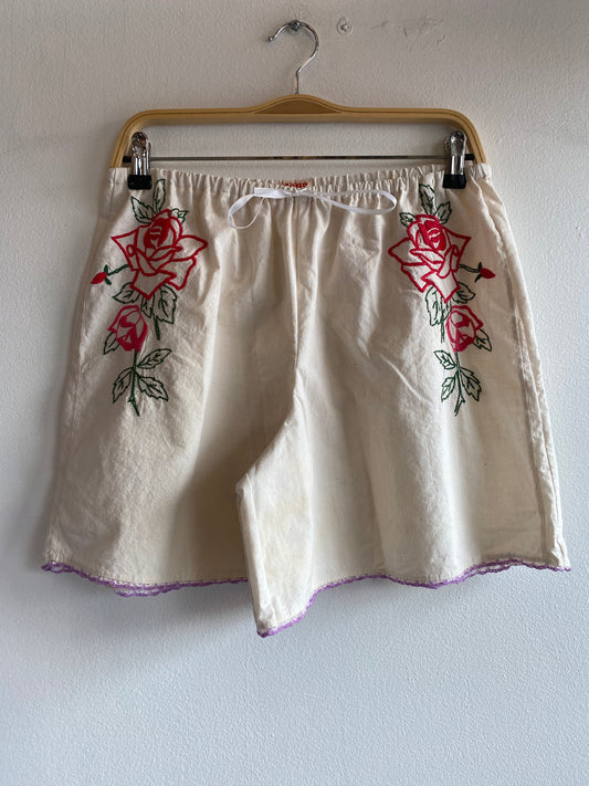Handmade Vintage Tablecloth Embroidered Roses White Drawstring Shorts
