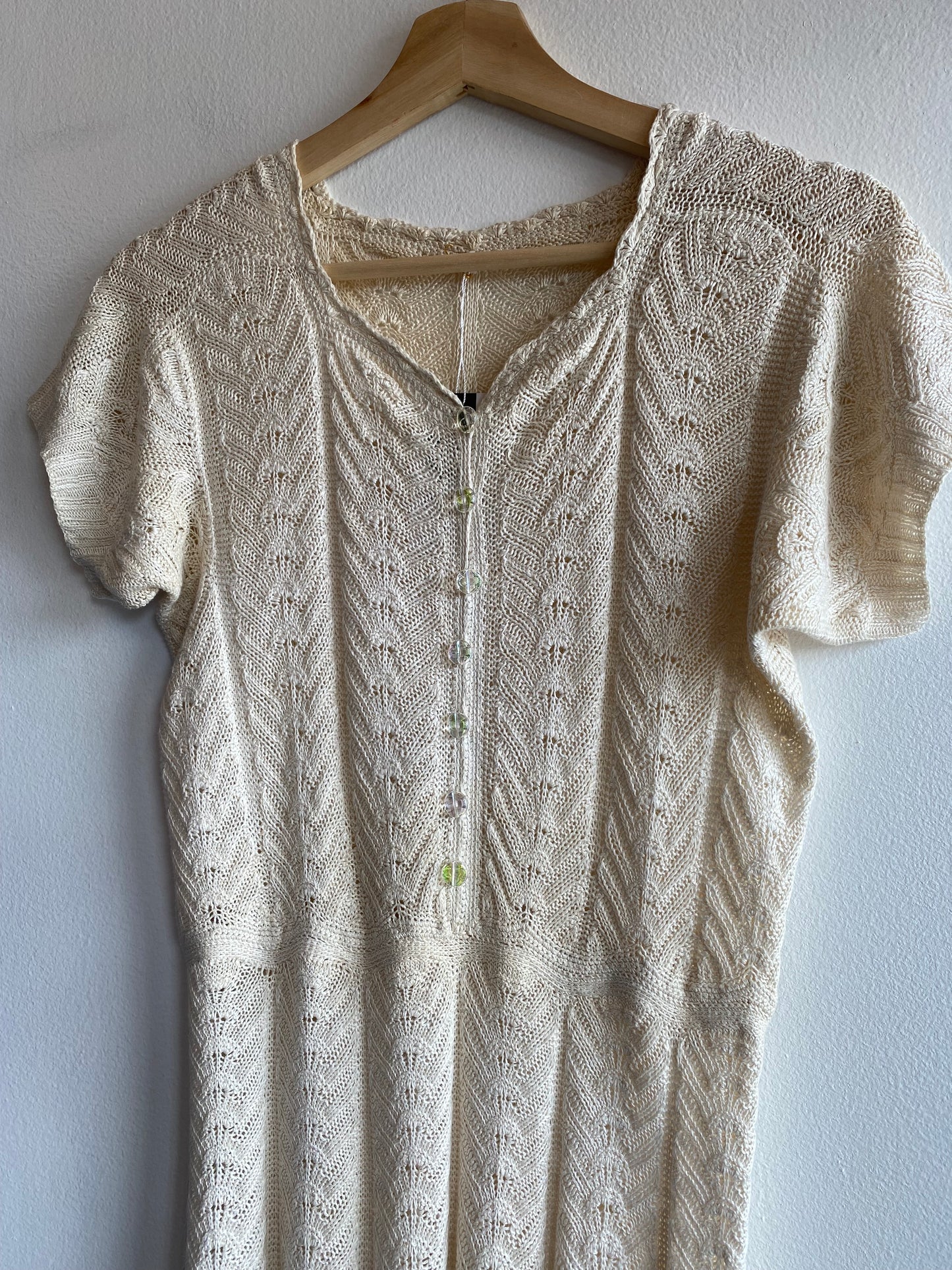 Vintage 70's Crochet Cream Short-Sleeve Button Midi Dress