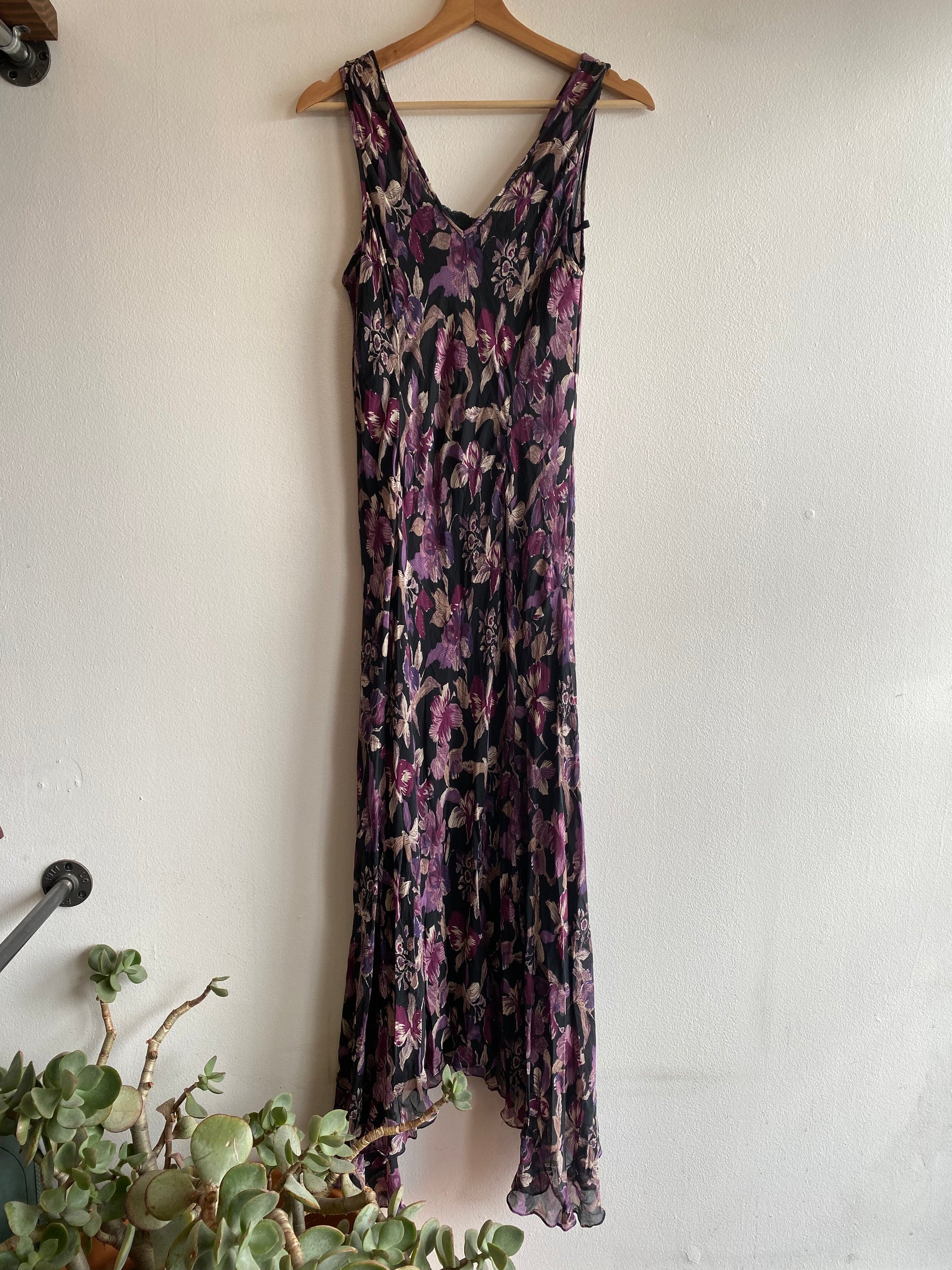 Vintage 90's Papéll Boutique Black and Purple Floral Silk Maxi Dress - La Lovely Vintage 