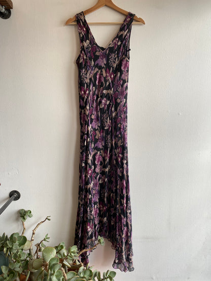 Vintage 90's Papéll Boutique Black and Purple Floral Silk Maxi Dress - La Lovely Vintage 