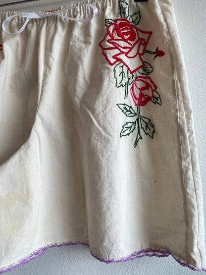 Handmade Vintage Tablecloth Embroidered Roses White Drawstring Shorts