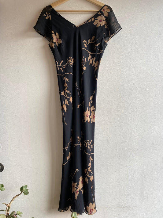 Vintage 90's Black and Tan Silk Floral Maxi Dress - La Lovely Vintage 