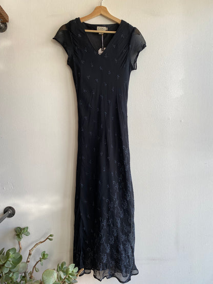 Vintage 90's CDC Black Maxi Dress with Blue Floral Beads - La Lovely Vintage 