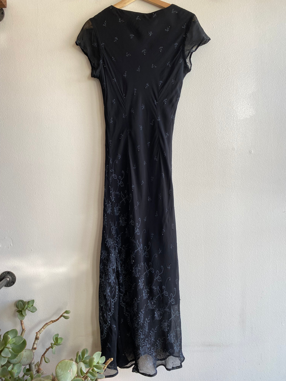 Vintage 90's CDC Black Maxi Dress with Blue Floral Beads - La Lovely Vintage 