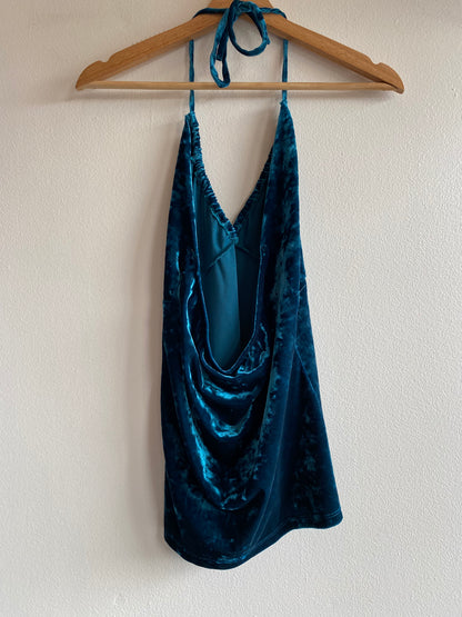 Vintage Y2K Twenty One Teal Velvet Halter Top - La Lovely Vintage 