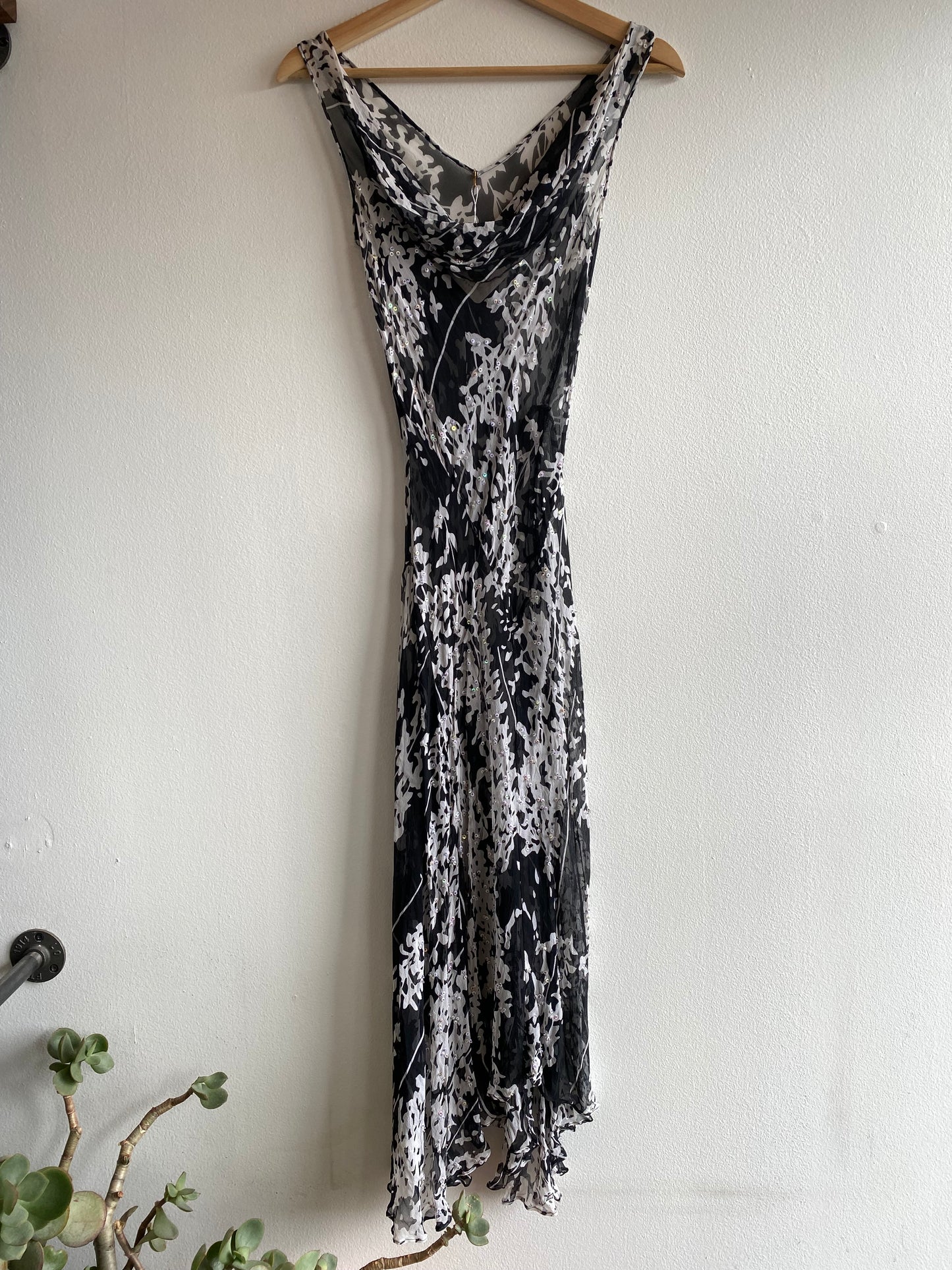 Vintage 90's black and white floral silk beaded maxi dress - La Lovely Vintage 