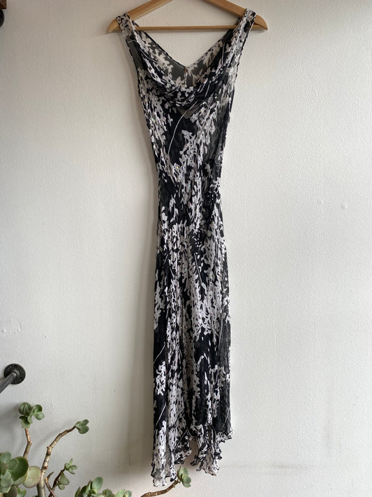 Vintage 90's black and white floral silk beaded maxi dress