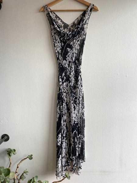 Vintage 90's black and white floral silk beaded maxi dress