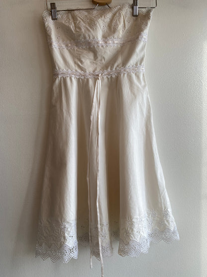 Vintage 90's Betsey Johnson White Cotton & Lace Strapless Mini Dress