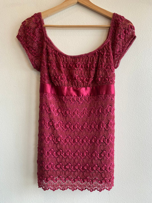 Vintage Y2K Heart Soul Hot Pink Lace Short-Sleeve Blouse