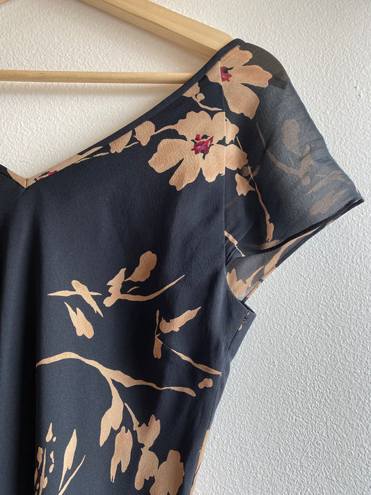 Vintage 90's Black and Tan Silk Floral Maxi Dress - La Lovely Vintage 