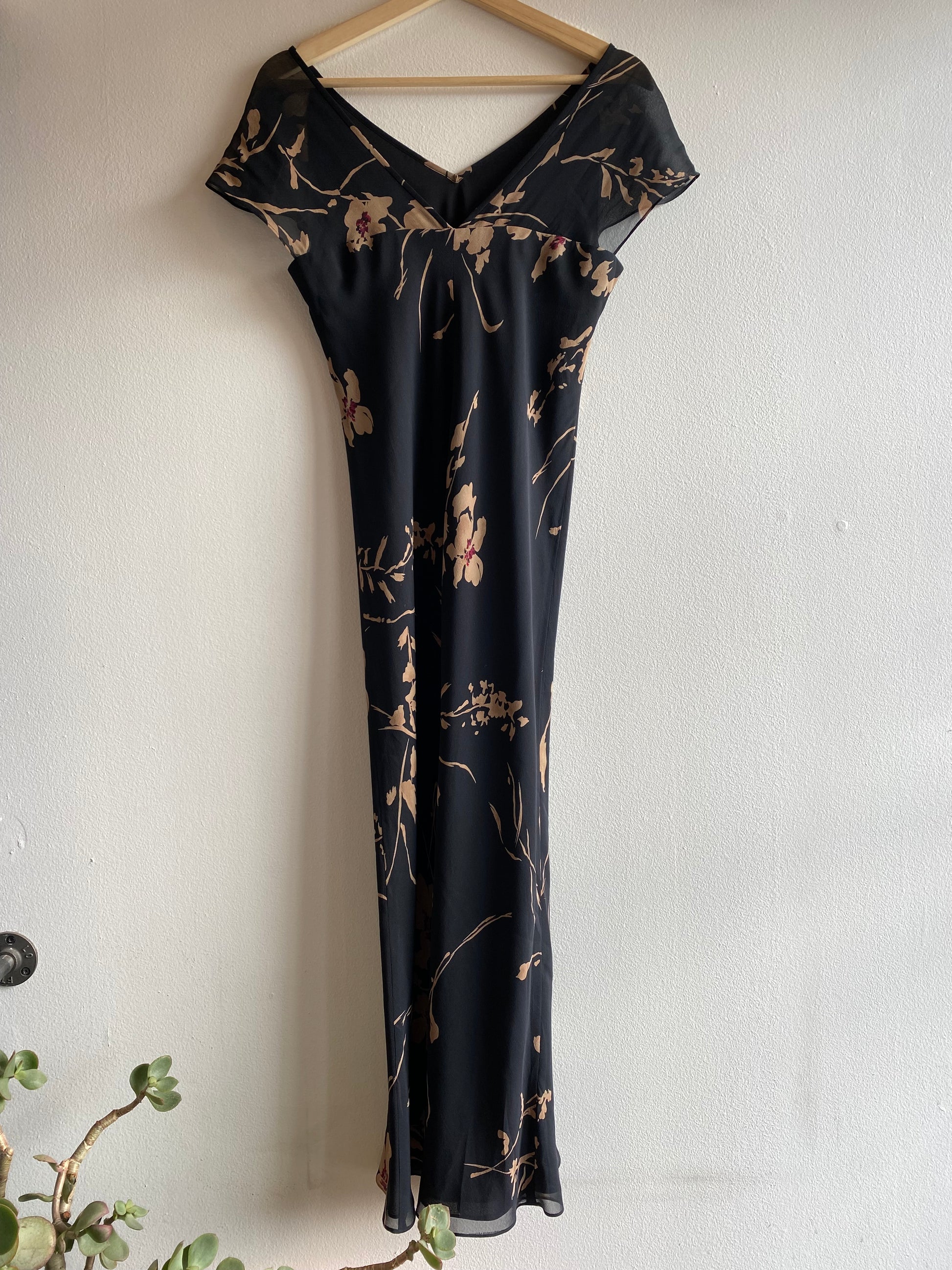 Vintage 90's Black and Tan Silk Floral Maxi Dress - La Lovely Vintage 