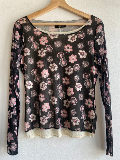 Vintage Y2K New York & Company Black and Pink Floral Mesh Top
