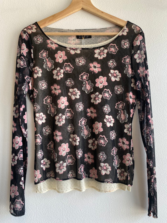 Vintage Y2K New York & Company Black and Pink Floral Mesh Top