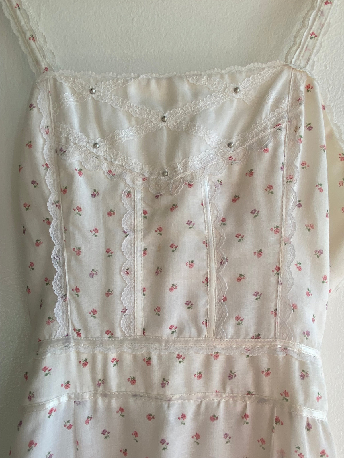 Vintage 70's White and Pink Sleeveless Floral Prairie Dress