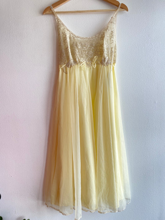 Vintage 60's Butter Yellow Lace and Mesh Slip Dress - La Lovely Vintage 