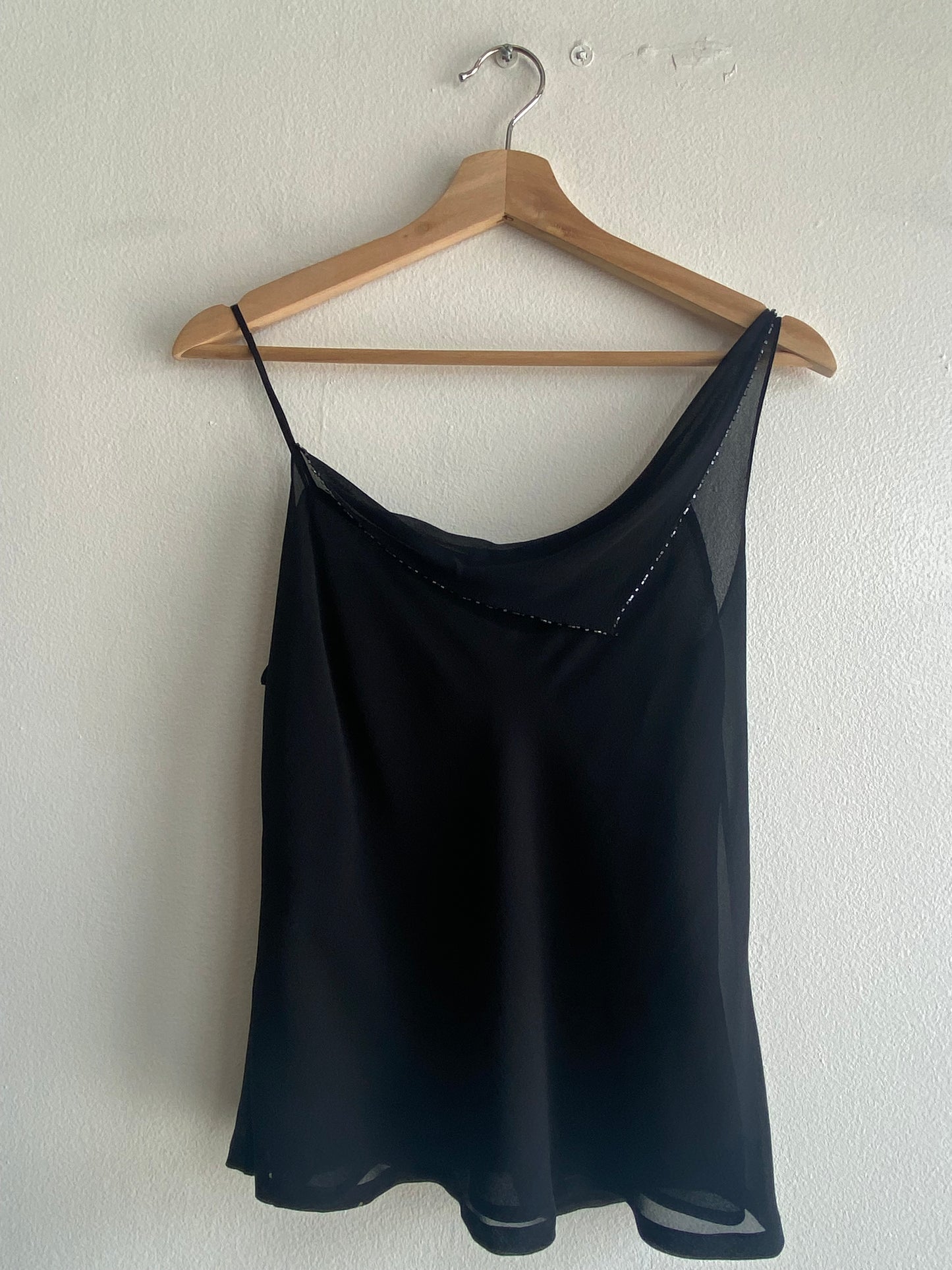 Vintage Y2K Asymmetrical Black Silk Beaded Tank Top - La Lovely Vintage 
