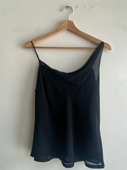 Vintage Y2K Asymmetrical Black Silk Beaded Tank Top - La Lovely Vintage 