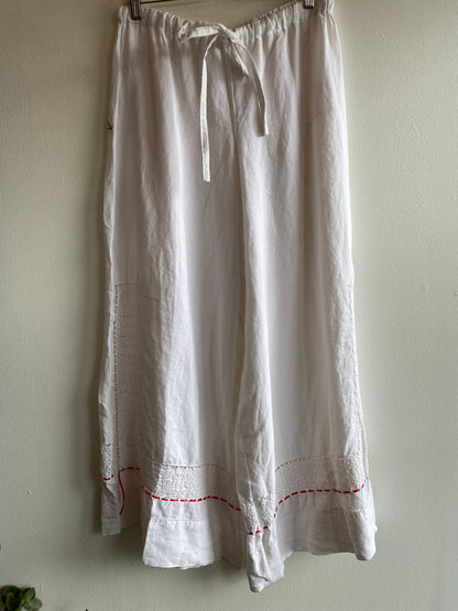Handmade Vintage Tablecloth White Wide Leg Pants with Red Embroidery