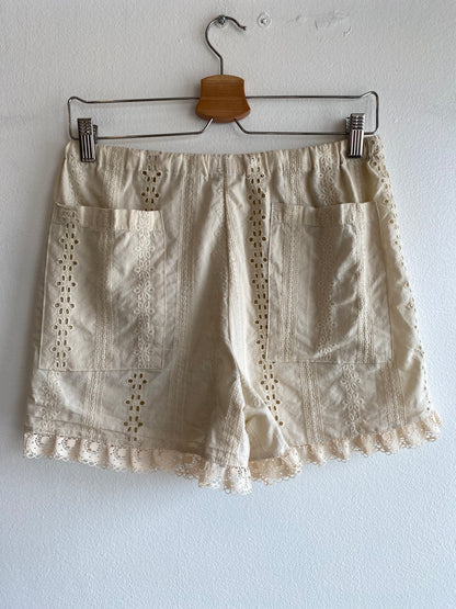 Handmade Vintage Floral Tablecloth Beige Drawstring Shorts