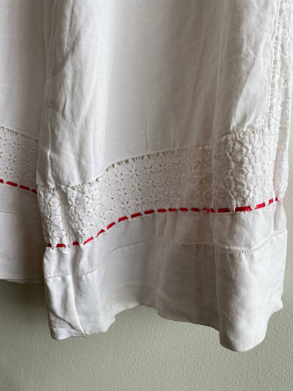 Handmade Vintage Tablecloth White Wide Leg Pants with Red Embroidery