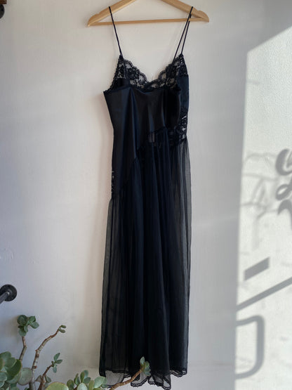 Vintage 90's Fredrick's of Hollywood Black Satin and Lace Slip