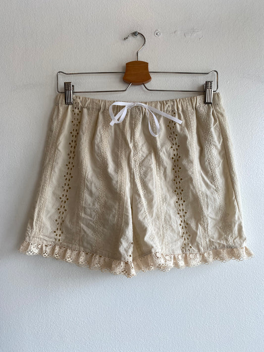 Handmade Vintage Floral Tablecloth Beige Drawstring Shorts