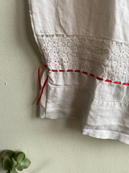 Handmade Vintage Tablecloth White Wide Leg Pants with Red Embroidery