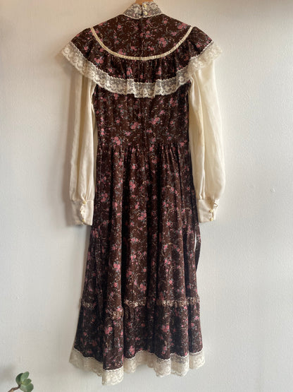 Vintage 70's Gunne Sax Brown Floral Dress - La Lovely Vintage 