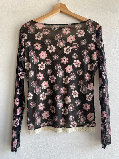 Vintage Y2K New York & Company Black and Pink Floral Mesh Top