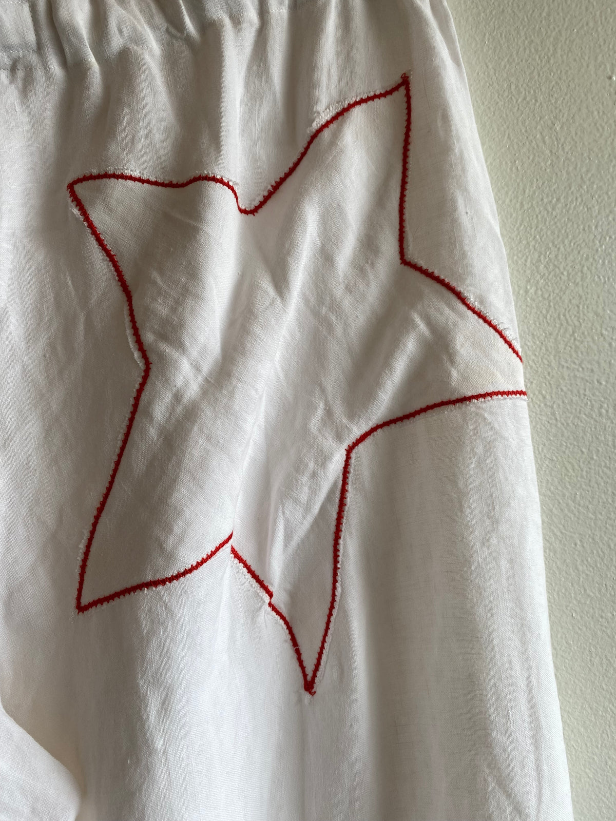 Handmade Vintage Tablecloth White Wide Leg Pants with Red Embroidery