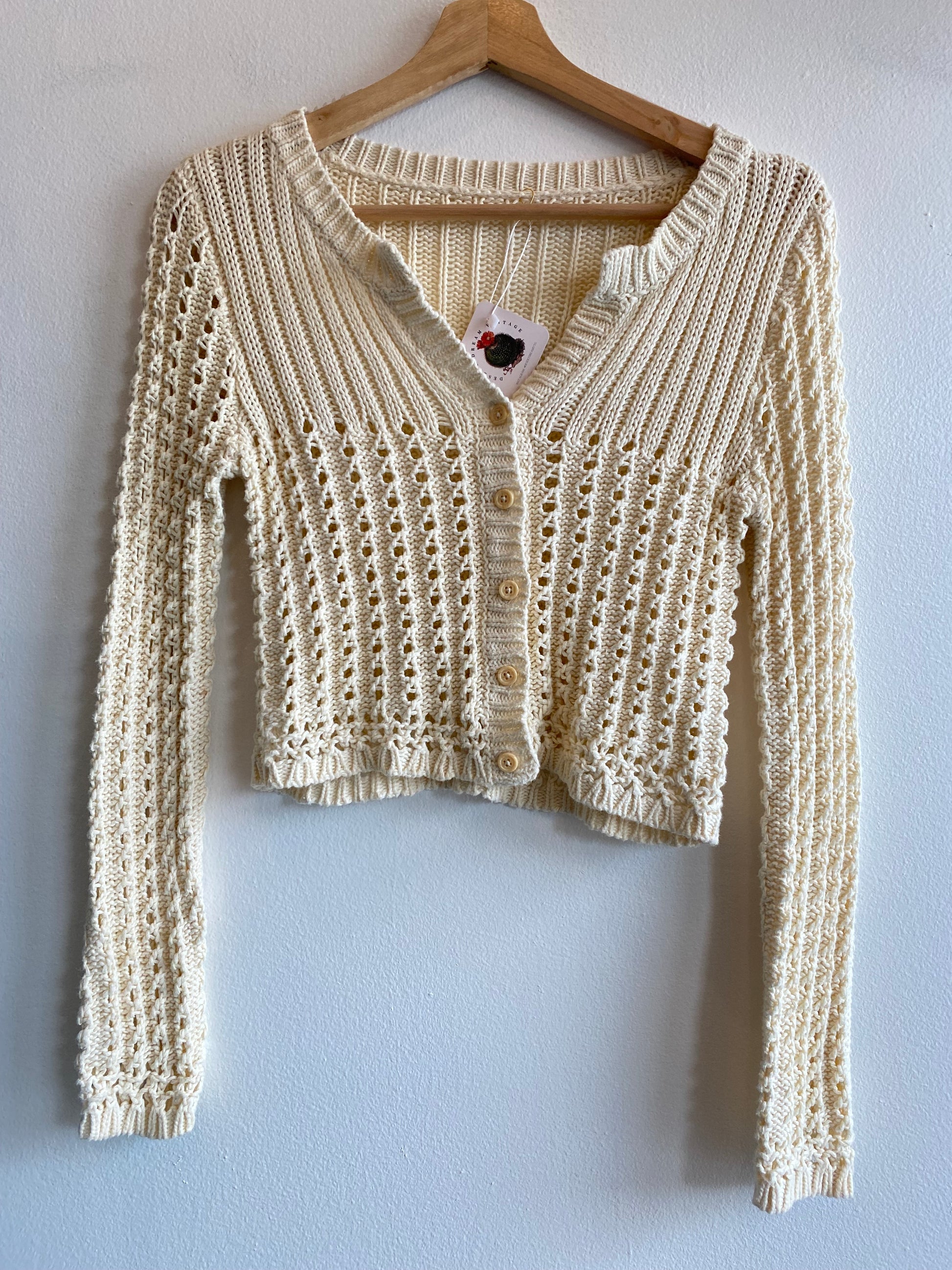 Vintage Y2K Long Sleeve Cropped Cream Knit Cardigan - La Lovely Vintage 