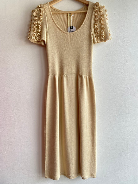 Vintage 70's Beige Ruffle Sleeve Knit Dress