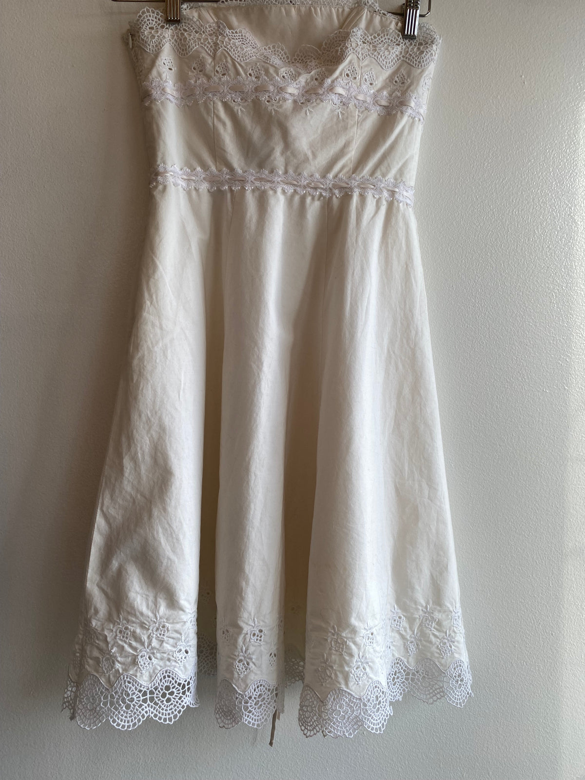 Vintage 90's Betsey Johnson White Cotton & Lace Strapless Mini Dress
