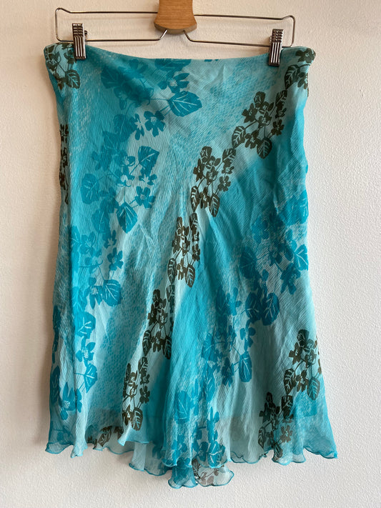 Vintage Y2K Teal Floral Silk Midi Skirt